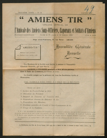 Amiens-tir, organe officiel de l'amicale des anciens sous-officiers, caporaux et soldats d'Amiens, numéro 36 (janvier 1934)