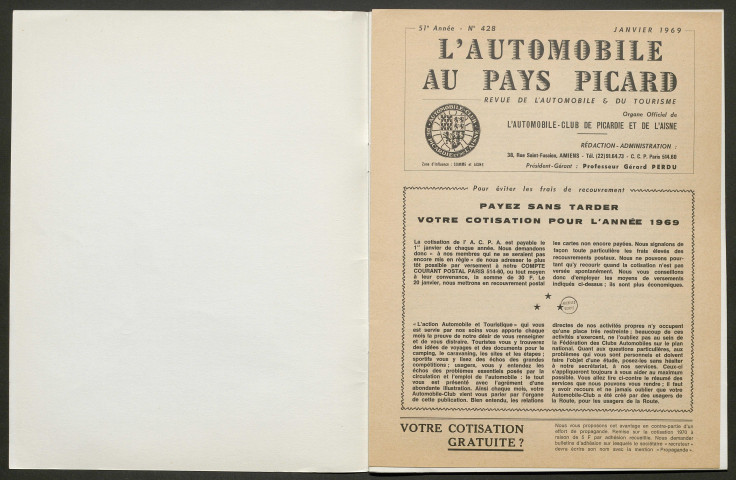 L'Automobile au Pays Picard. Bulletin de l'Automobile-Club de Picardie et de l'Aisne (Noël 1968). Supplément au numéro 428, décembre 1968