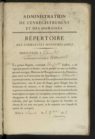 Répertoire des formalités hypothécaires, du 3 pluviôse an VIII au 17/06/1819, registre n° 003 (Abbeville)
