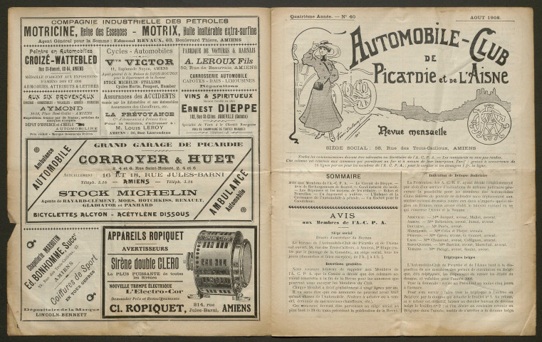 Automobile-club de Picardie et de l'Aisne. Revue mensuelle, 4e année, août 1908