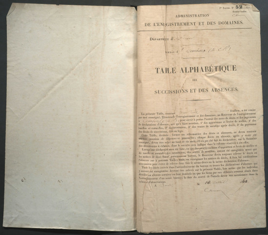 Table des successions et absences du bureau d'Amiens