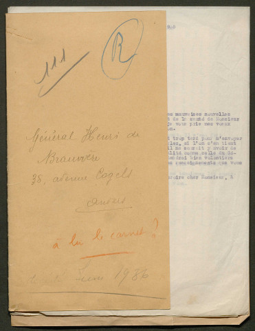 Témoignage de De Brauwere, Henri (Général) et correspondance avec Jacques Péricard
