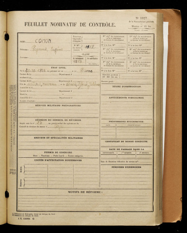 Comon, Raymond Eugène, né le 20 octobre 1893 à Biarre (Somme), classe 1913, matricule n° 1152, Bureau de recrutement de Péronne