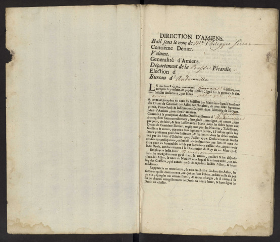 Centième denier du bureau d'Andainville pour la période du 1er avril 1737 au 31 décembre 1738