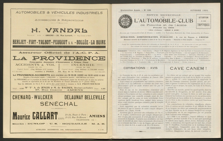 Automobile-club de Picardie et de l'Aisne. Revue mensuelle, 159, octobre 1924