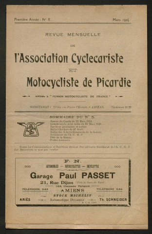 Revue mensuelle de l'association cyclecariste et motocycliste de Picardie - 1ère année, numéro 5