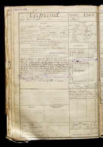 Legrand, Paul Fernand, né le 12 septembre 1901 à Roisel (Somme), classe 1921, matricule n° 1368, Bureau de recrutement d'Amiens