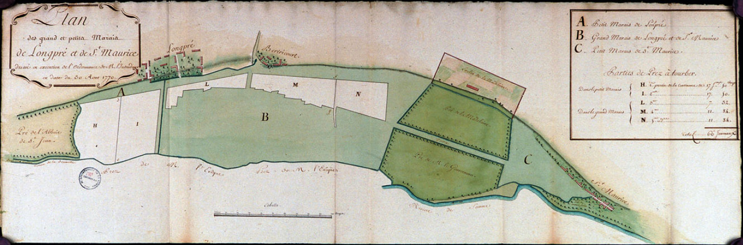 Plan des grands et petits marais de Longpré et de St Maurice dressé en exécution de l'ordonnance de M. l'intendant en date du 30 Aout 1770
