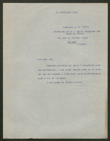 Témoignage de Le Feuvre, Arsène et correspondance avec Jacques Péricard