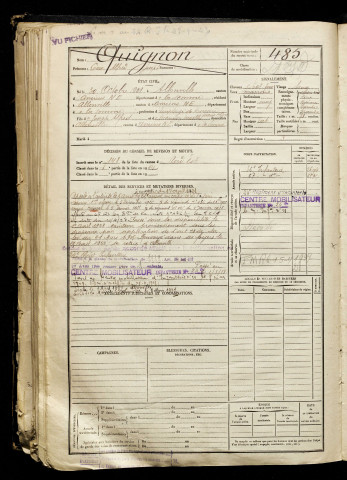 Quignon, César Alfred Joseph, né le 30 octobre 1901 à Allonville (Somme), classe 1921, matricule n° 485, Bureau de recrutement d'Amiens