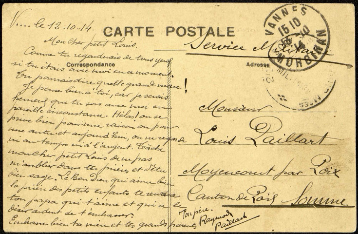 Carte postale intitulée "Bretagne. Environs de Vannes. Vue panoramique du Port-Navalo". Correspondance de Raymond Paillart à son fils Louis