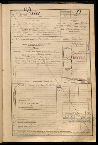 Daire, Alfred Firmin, né le 14 septembre 1867 à Amiens (Somme), classe 1887, matricule n° 51, Bureau de recrutement d'Amiens
