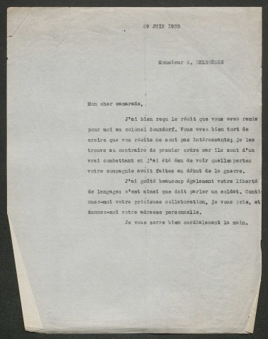 Témoignage de Delroisse, Alfred (Sergent) et correspondance avec Jacques Péricard