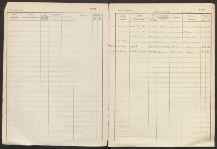 Table du répertoire des formalités, de Darras à Delarche, registre n° 10 (Conservation des hypothèques de Montdidier)