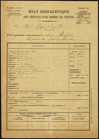 Boilet, Hyacinte Gratient Hector, né le 11 septembre 1890 à Hattencourt (Somme), classe 1910, matricule n° 149, Bureau de recrutement de Péronne