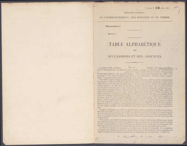Table des successions et absences du bureau de Doullens
