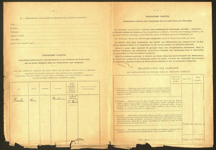 Bouchavesnes-Bergen. Demande d'indemnisation des dommages de guerre : dossier Prache Stéphanie