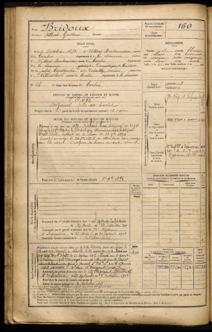 Bridoux, Albert Gustave, né le 06 octobre 1872 à Villers-Bretonneux (Somme), classe 1892, matricule n° 160, Bureau de recrutement d'Amiens