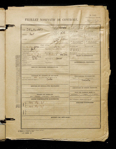 Delouard, Paul, né le 14 mars 1890 à Marcelcave (Somme), classe 1910, matricule n° 972, Bureau de recrutement d'Amiens