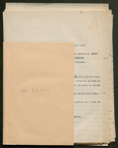 Témoignage de Baros, Léon (Médecin aide major) et correspondance avec Jacques Péricard