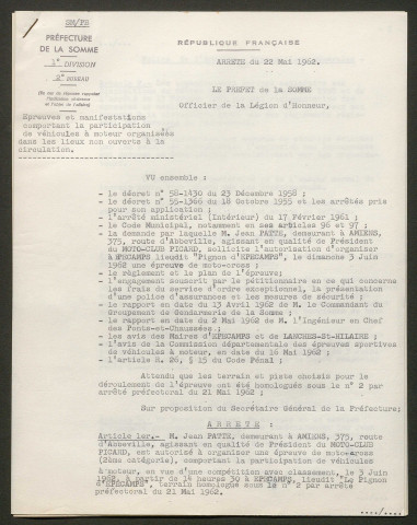 Organisation du Moto-cross de Domart-en-Ponthieu le 3 juin 1962 sur le terrain dénommé « Pignon d’Epécamps »