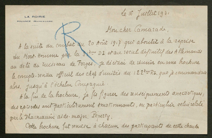 Témoignage de Gracy (Général) et correspondance avec Jacques Péricard