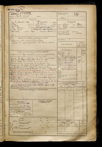 Picart, Basile Oswald, né le 02 janvier 1899 à Champien (Somme), classe 1919, matricule n° 179, Bureau de recrutement de Péronne