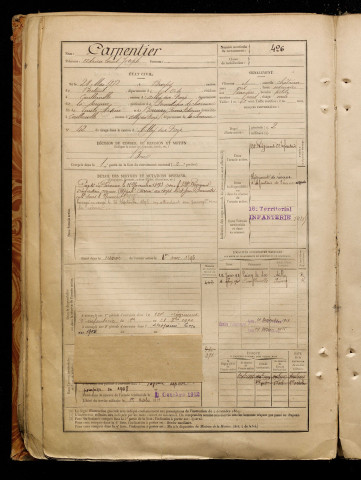 Carpentier, Adrien Louis Joseph, né le 28 mai 1872 à Broyes (Oise), classe 1892, matricule n° 426, Bureau de recrutement de Péronne