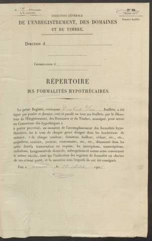 Répertoire des formalités hypothécaires, du 25/01/1904 au 05/11/1904, registre n° 179 (Conservation des hypothèques de Doullens)