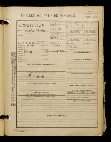 Poitron, Eugène Charles, né le 05 mars 1891 à Dury (Somme), classe 1911, matricule n° 864, Bureau de recrutement d'Amiens