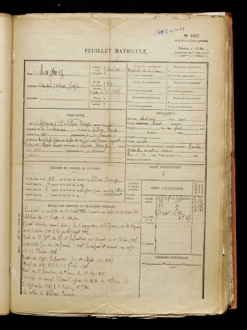 Saguez, André Alcide Joseph, né le 06 septembre 1897 à Villers-Bocage (Somme), classe 1917, matricule n° 321, Bureau de recrutement d'Amiens