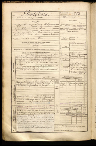 Portebois, Frédéric Octave Julien, né le 18 juillet 1874 à Croix-Moligneaux (Somme), classe 1894, matricule n° 712, Bureau de recrutement de Péronne
