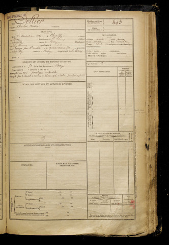 Sellier, Charles André, né le 16 novembre 1897 à Chipilly (Somme), classe 1917, matricule n° 403, Bureau de recrutement de Péronne