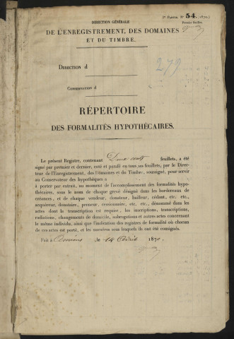 Répertoire des formalités hypothécaires, du 3/04/1871 au 22/07/1871, registre n° 279 (Abbeville)