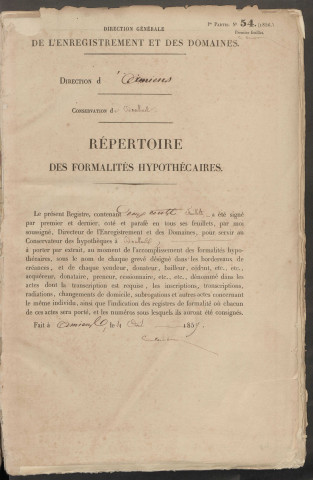 Répertoire des formalités hypothécaires, du 30/11/1857 au 04/03/1858, volume n° 88 (Conservation des hypothèques de Doullens)