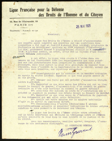 Correspondance échangée entre la Ligue Française des Droits de l'Homme et du Citoyen et Lucien Leclerc dans le but de constituer un dossier pour la réhabilitation du soldat Marcel Loiseau fusillé le 14 octobre 1914