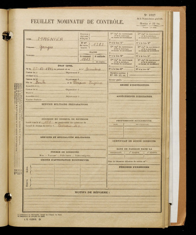 Magnier, Georges, né le 25 décembre 1893 à Amiens (Somme), classe 1913, matricule n° 1383, Bureau de recrutement d'Amiens
