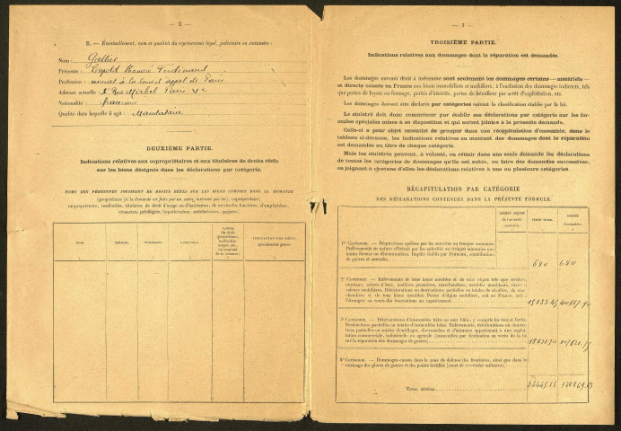 Cléry-sur-Somme. Demande d'indemnisation des dommages de guerre : dossier Tambouret-Bélier