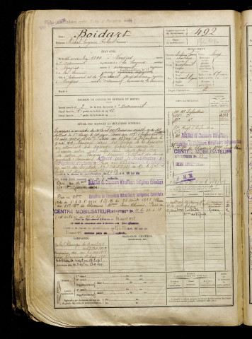 Boidart, Michel Eugène Robert, né le 16 novembre 1899 à Vergies (Somme), classe 1919, matricule n° 492, Bureau de recrutement d'Amiens