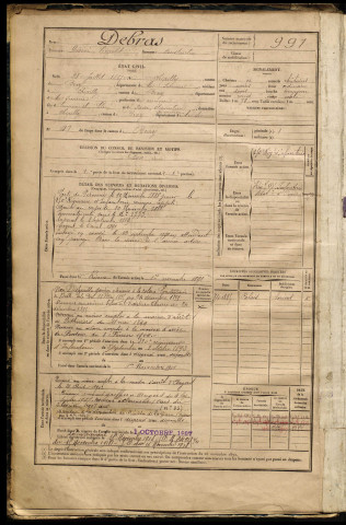 Debras, Désiré Léopold, né le 28 juillet 1867 à Chipilly (Somme), classe 1887, matricule n° 991, Bureau de recrutement de Péronne