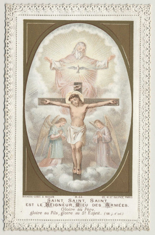 Image pieuse dentelle. Saint, Saint, Saint est le Seigneur, Dieu des Armées. La Sainte Trinité