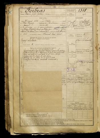 Forbras, Maurice Joseph Gustave, né le 28 mars 1883 à Coisy (Somme), classe 1903, matricule n° 1318, Bureau de recrutement d'Amiens