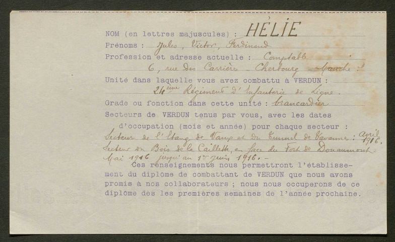 Témoignage de Hélie, Jules (Brancardier) et correspondance avec Jacques Péricard
