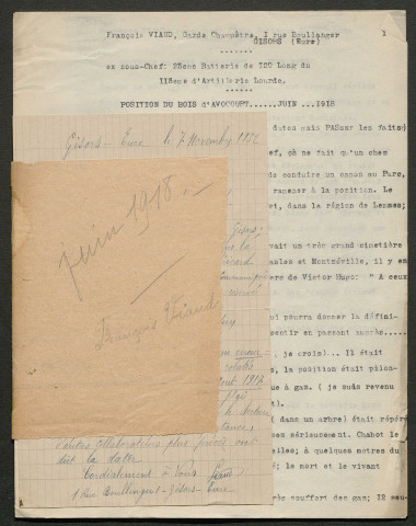 Témoignage de Viaud, François et correspondance avec Jacques Péricard