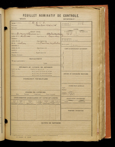 Crété, Hector Désiré, né le 30 mars 1897 à Saint-Aubin-Montenoy (Somme), classe 1917, matricule n° 115, Bureau de recrutement d'Amiens