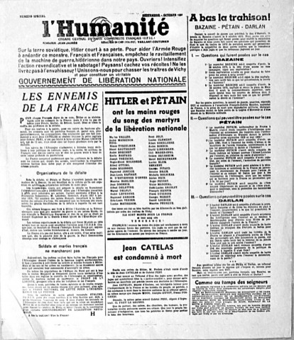 Numéro spécial du journal L'Humanité : "les ennemis de la France", "Hitler et Pétain ont les mains rouges de sang des martyrs de la libération nationale", "Jean Catelas est condamné à mort"