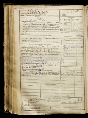Debuigny, Raymond Marcel, né le 08 juillet 1900 à Amiens (Somme), classe 1920, matricule n° 1302, Bureau de recrutement d'Amiens