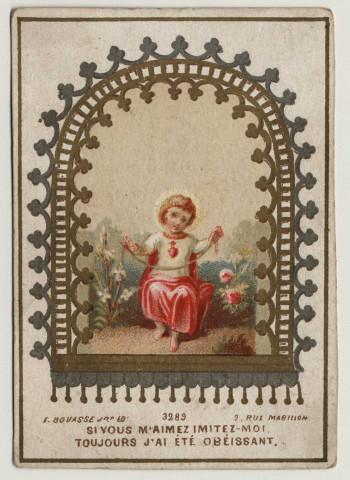 Si vous m'aimez imitez-moi toujours j'ai été obéissant. Le Sacré Coeur de Jésus. A l'âme fidèle qui lui rend hommage dans sa crèche, Jésus apporte l'Amour de son admirable pureté