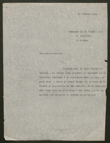 Témoignage de Adam, Frantz (Médecin aide-major) et correspondance avec Jacques Péricard