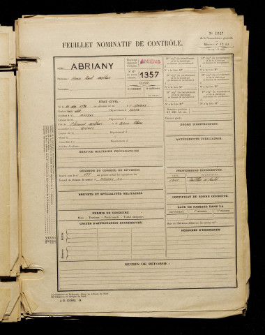Abriany, Henri Paul Arthur, né le 21 décembre 1890 à Amiens (Somme), classe 1910, matricule n° 1357, Bureau de recrutement d'Amiens